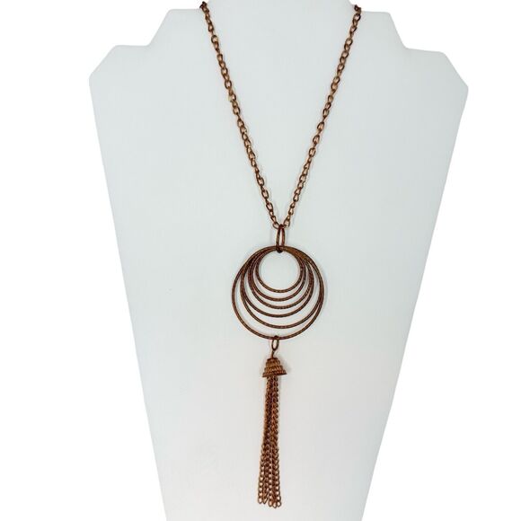 Copper Pendant Tassel Chain Necklace 37” Bold Gorpcore Girlcore Layering - Picture 2 of 7
